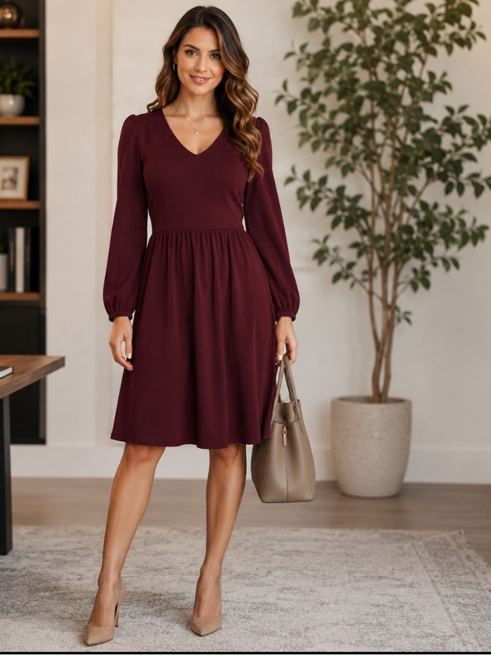 GAP "NEW" Burgundy Ponte V-Neck Holiday Romantic Fit and Flare Dress Size XS